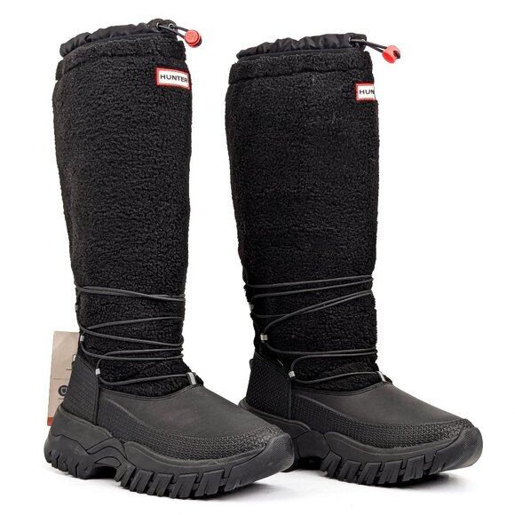 Hunter Women Wanderer Tall Sherpa Black Rubber Snow Tall Boots sz 8